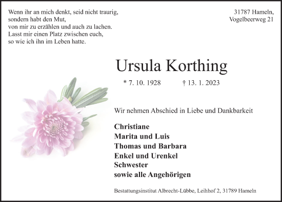 Traueranzeige von Ursula Korthing von Deister- und Weserzeitung
