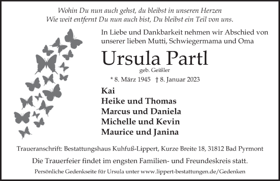 Traueranzeige von Ursula Partl von Deister- und Weserzeitung
