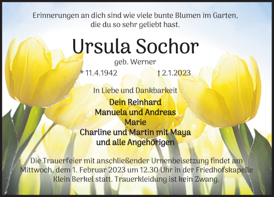 Traueranzeige von Ursula Sochor von Deister- und Weserzeitung