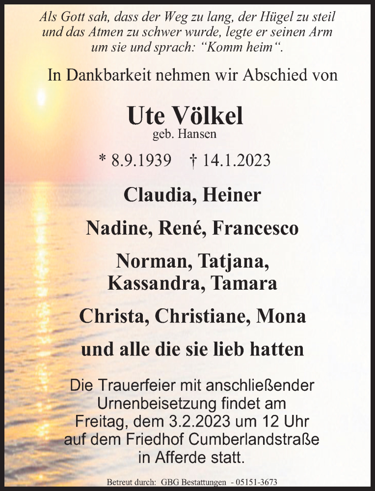  Traueranzeige für Ute Völkel vom 27.01.2023 aus Deister- und Weserzeitung