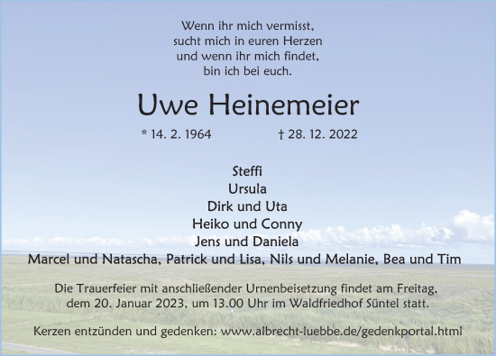 Traueranzeige von Uwe Heinemeier von Deister- und Weserzeitung