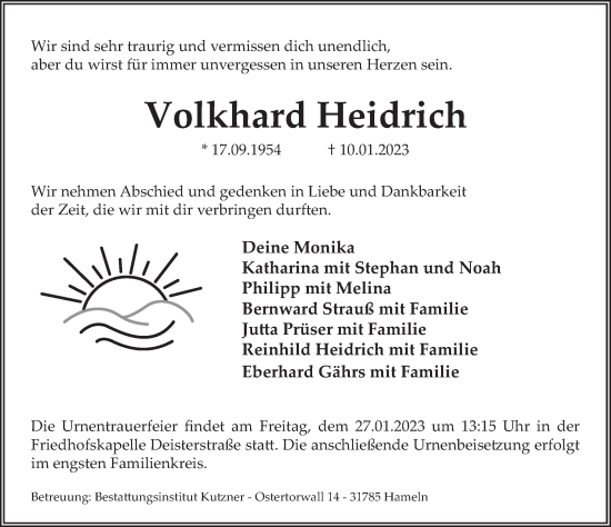 Traueranzeige von Volkhard Heidrich von Deister- und Weserzeitung