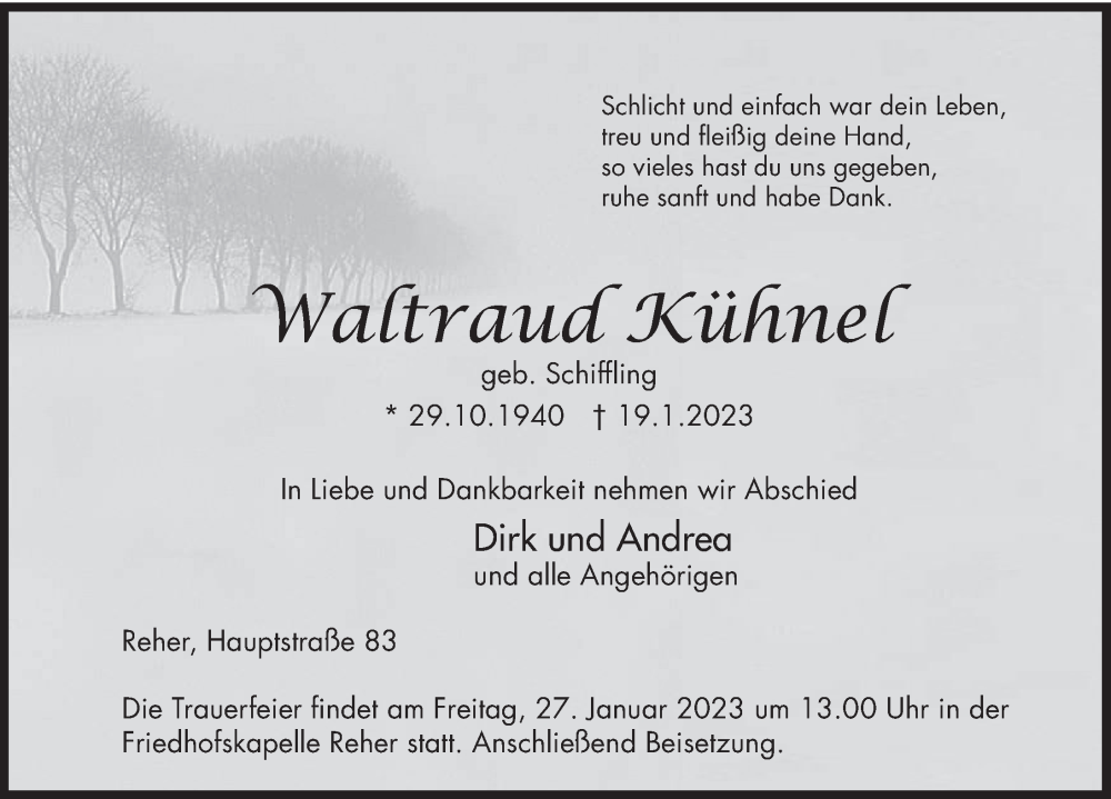  Traueranzeige für Waltraud Kühnel vom 24.01.2023 aus Deister- und Weserzeitung