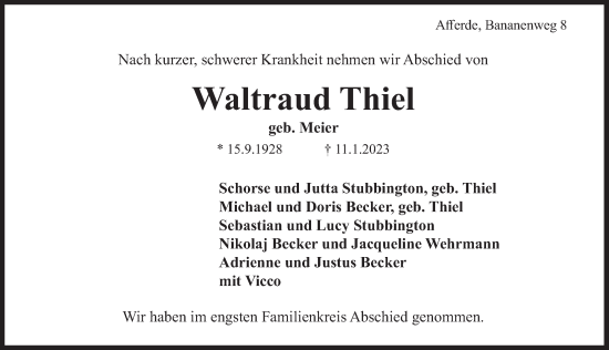 Traueranzeige von Waltraud Thiel von Deister- und Weserzeitung
