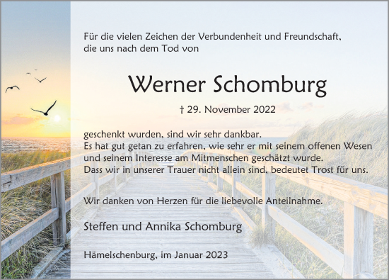 Traueranzeige von Werner Schomburg von Deister- und Weserzeitung