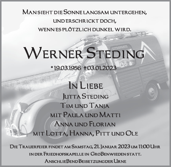 Traueranzeige von Werner Steding von Deister- und Weserzeitung