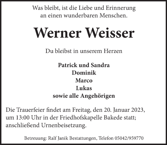 Traueranzeige von Werner Weisser von Neue Deister-Zeitung