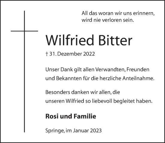 Traueranzeige von Wilfried Bitter von Neue Deister-Zeitung