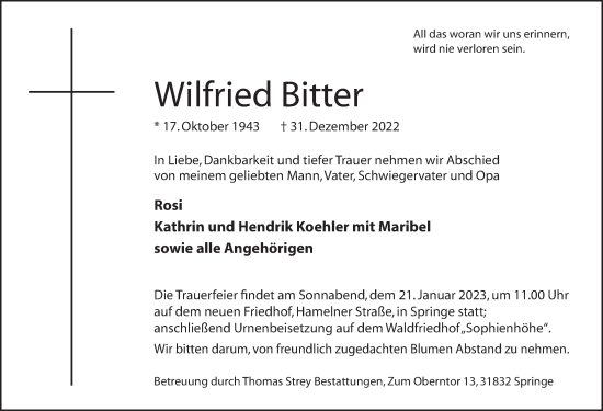 Traueranzeige von Wilfried Bitter von Neue Deister-Zeitung