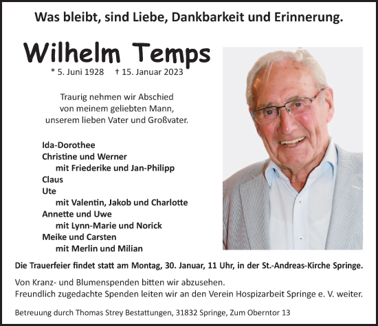 Traueranzeige von Wilhelm Temps von Neue Deister-Zeitung