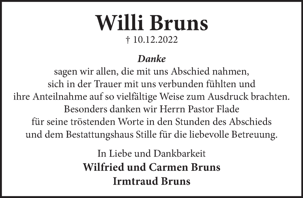  Traueranzeige für Willi Bruns vom 21.01.2023 aus Neue Deister-Zeitung