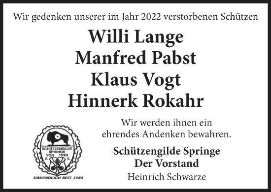 Traueranzeige von Willi Lange von Neue Deister-Zeitung