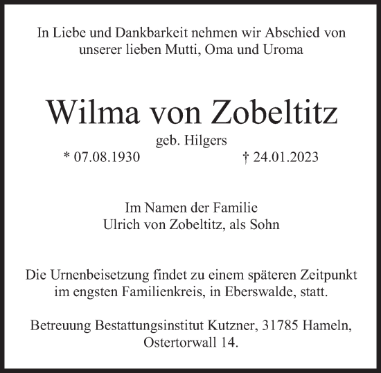 Traueranzeige von Wilma von Zobeltitz von Deister- und Weserzeitung