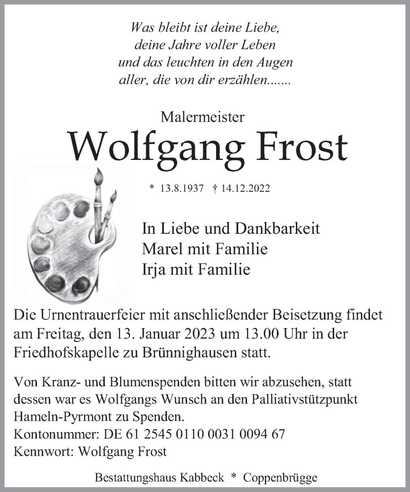  Traueranzeige für Wolfgang Frost vom 07.01.2023 aus Deister- und Weserzeitung