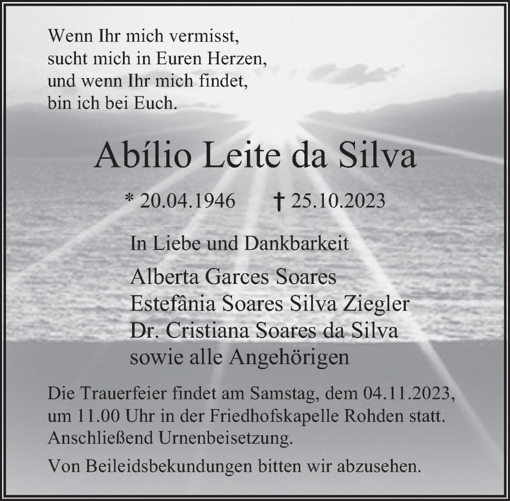  Traueranzeige für Abílio Leite da Silva vom 01.11.2023 aus Deister- und Weserzeitung