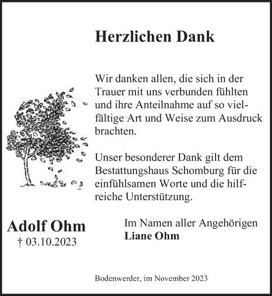 Traueranzeige von Adolf Ohm von Deister- und Weserzeitung