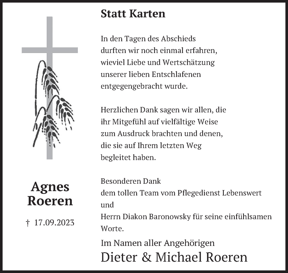  Traueranzeige für Agnes Roeren vom 21.10.2023 aus Deister- und Weserzeitung