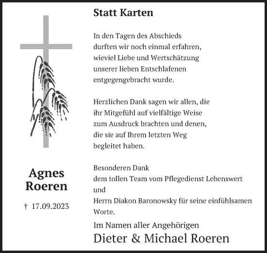 Traueranzeige von Agnes Roeren von Deister- und Weserzeitung