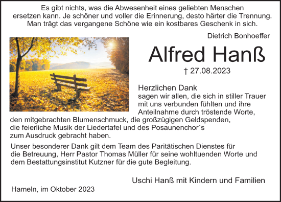 Traueranzeige von Alfred Hanß von Deister- und Weserzeitung