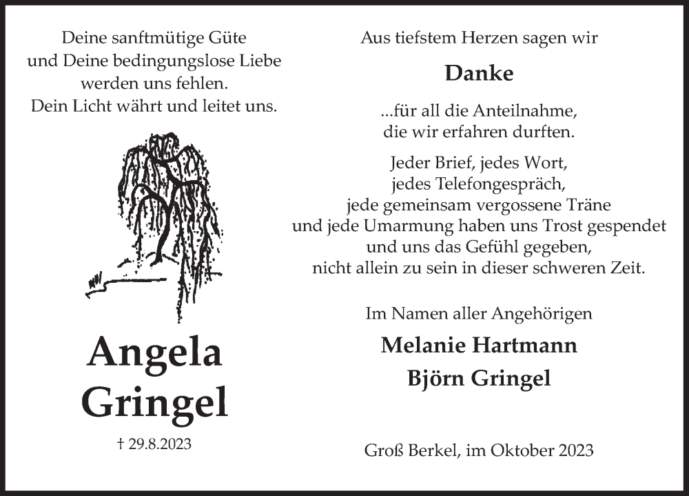  Traueranzeige für Angela Gringel vom 07.10.2023 aus Deister- und Weserzeitung