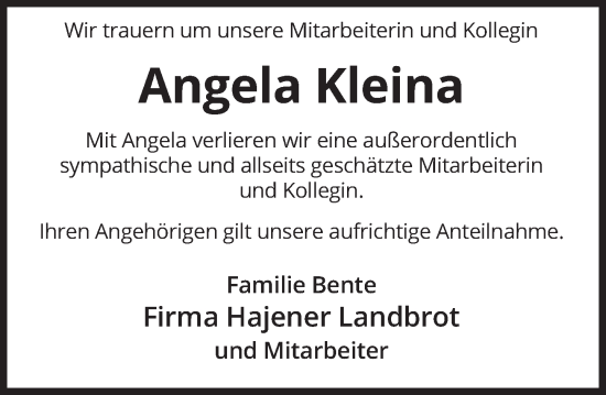 Traueranzeige von Angela Kleina von Deister- und Weserzeitung