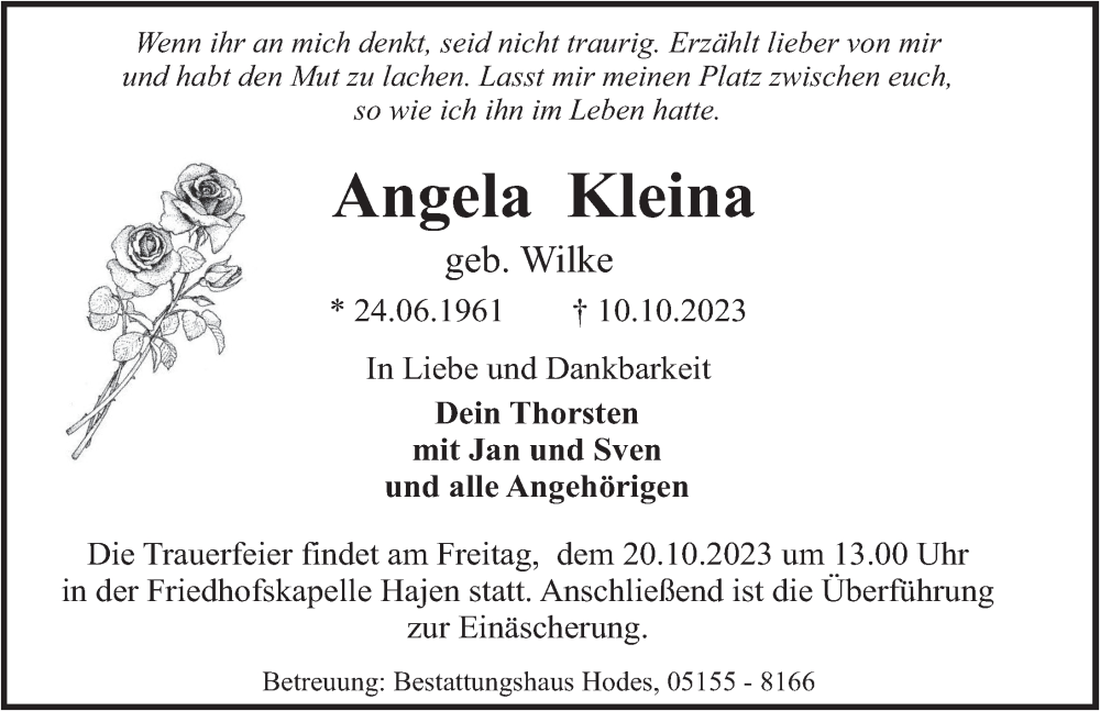  Traueranzeige für Angela Kleina vom 14.10.2023 aus Deister- und Weserzeitung