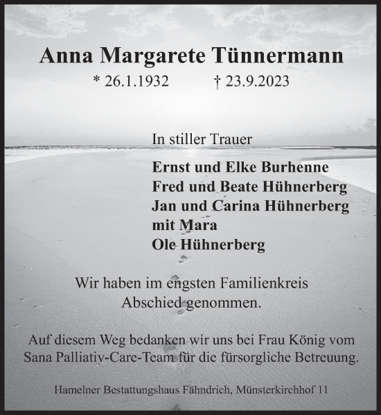Traueranzeige von Anna Margarete Tünnermann von Deister- und Weserzeitung