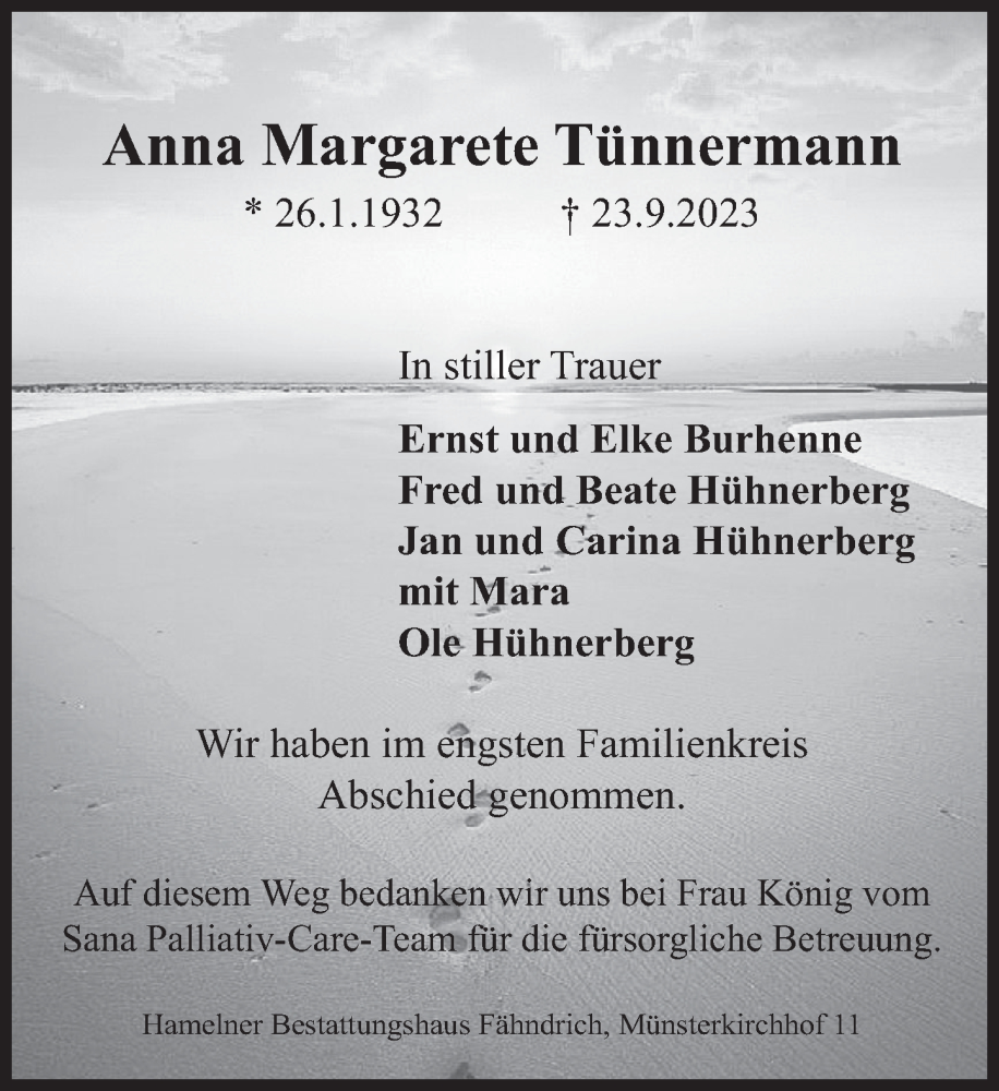  Traueranzeige für Anna Margarete Tünnermann vom 07.10.2023 aus Deister- und Weserzeitung