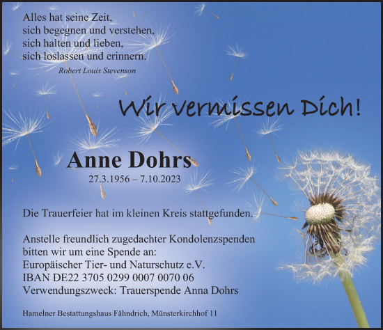 Traueranzeige von Anne Dohrs von Deister- und Weserzeitung