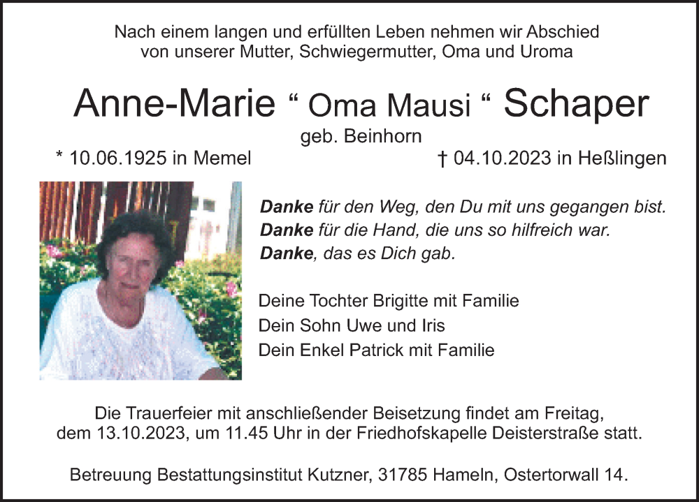 Traueranzeige für Anne-Marie Schaper vom 10.10.2023 aus Deister- und Weserzeitung