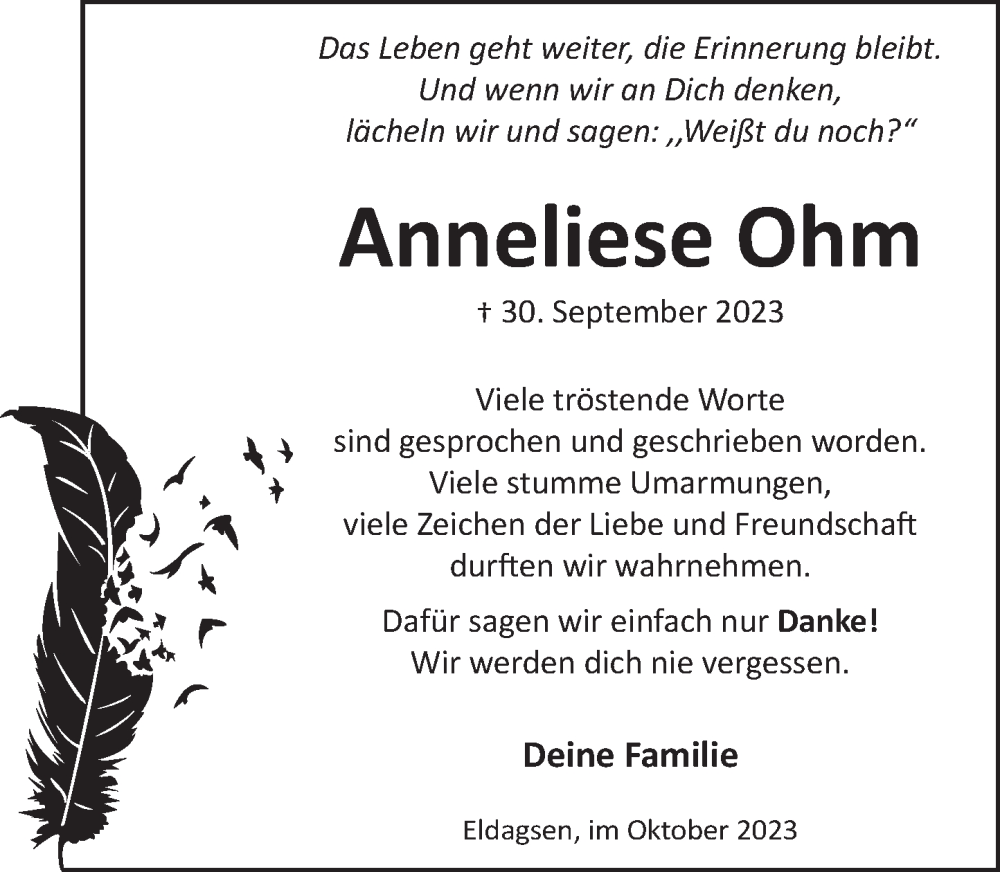  Traueranzeige für Anneliese Ohm vom 28.10.2023 aus Neue Deister-Zeitung