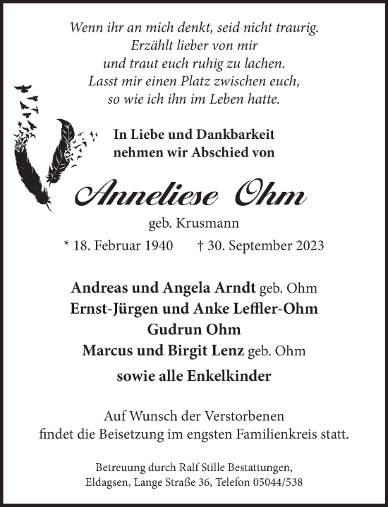 Traueranzeige von Anneliese Ohm von Neue Deister-Zeitung