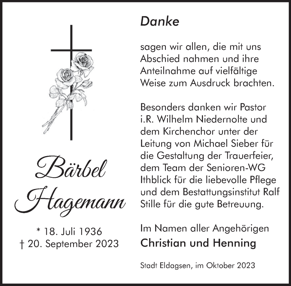  Traueranzeige für Bärbel Hagemann vom 21.10.2023 aus Neue Deister-Zeitung
