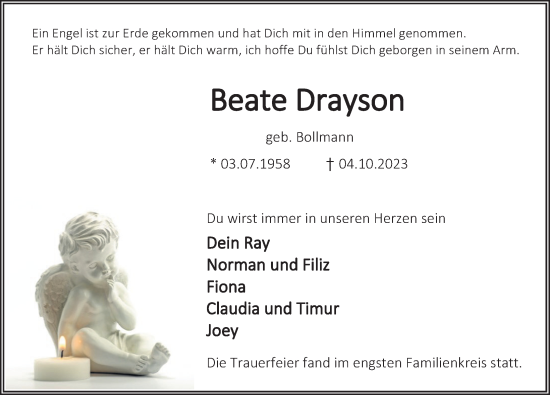 Traueranzeige von Beate Drayson von Deister- und Weserzeitung