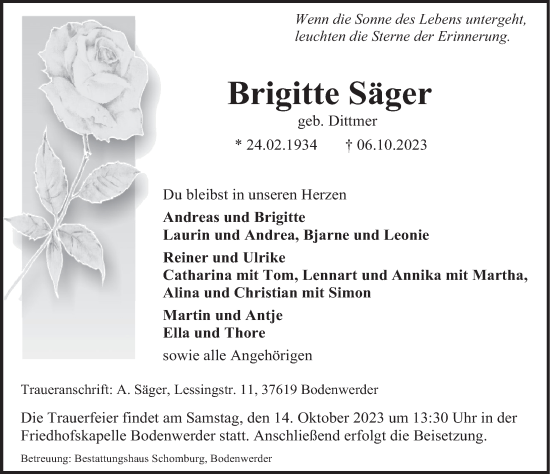 Traueranzeige von Brigitte Säger von Deister- und Weserzeitung