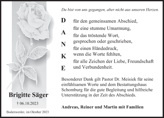 Traueranzeige von Brigitte Säger von Deister- und Weserzeitung