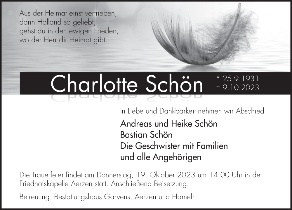  Traueranzeige für Charlotte Schön vom 14.10.2023 aus Deister- und Weserzeitung