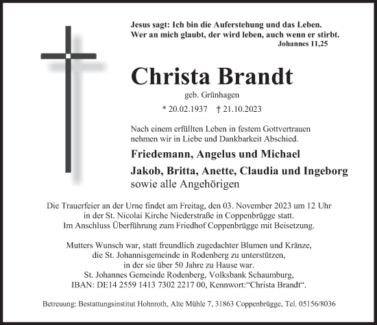 Traueranzeige von Christa Brandt von Deister- und Weserzeitung