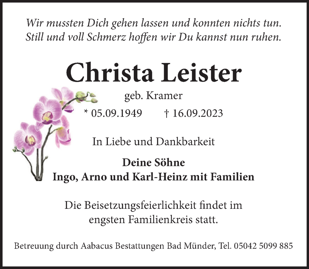  Traueranzeige für Christa Leister vom 30.09.2023 aus Neue Deister-Zeitung