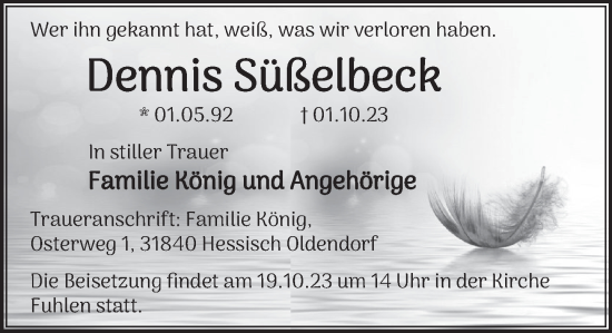 Traueranzeige von Dennis Süßelbeck von Deister- und Weserzeitung