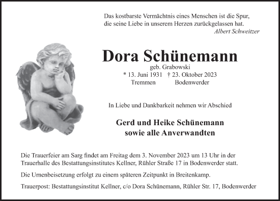 Traueranzeige von Dora Schünemann von Deister- und Weserzeitung