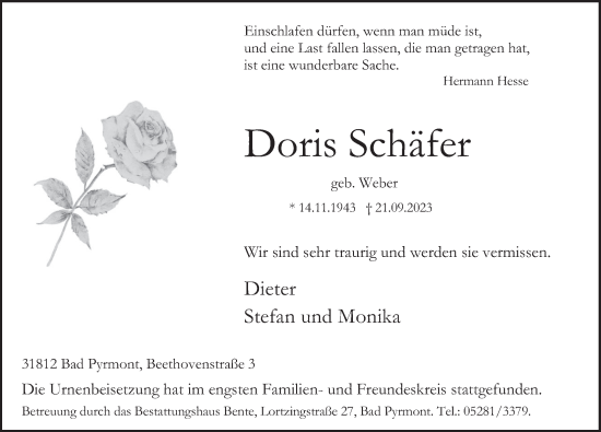 Traueranzeige von Doris Schäfer von Deister- und Weserzeitung