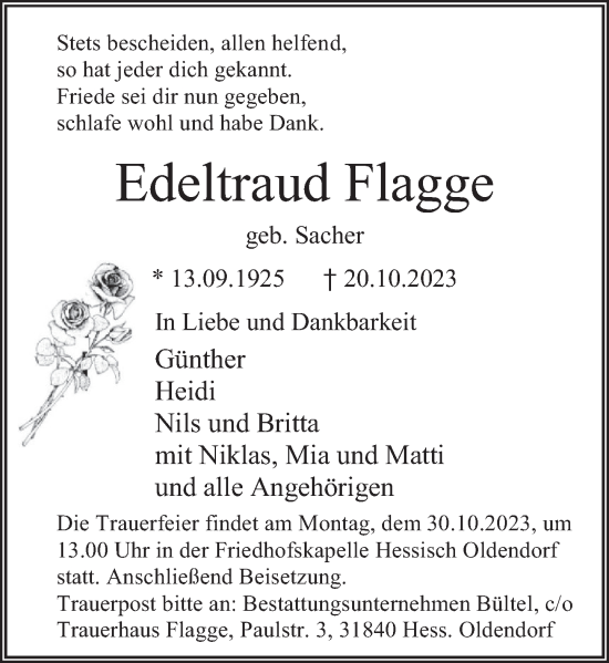 Traueranzeige von Edeltraud Flagge von Deister- und Weserzeitung