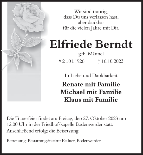 Traueranzeige von Elfriede Berndt von Deister- und Weserzeitung