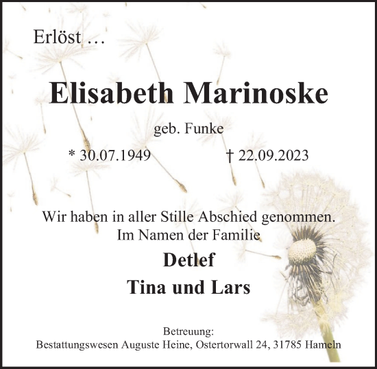 Traueranzeige von Elisabeth Marinoske von Deister- und Weserzeitung