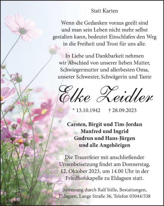 Traueranzeige von Elke Zeidler von Neue Deister-Zeitung