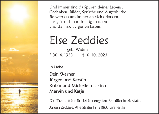 Traueranzeige von Else Zeddies von Deister- und Weserzeitung