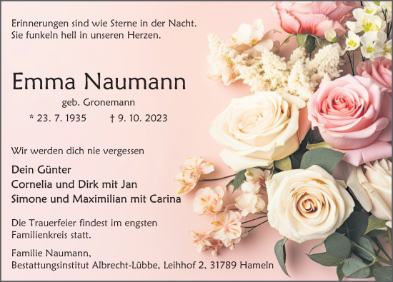 Traueranzeige von Emma Naumann von Deister- und Weserzeitung