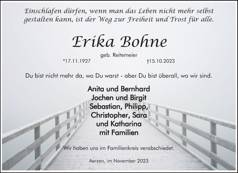  Traueranzeige für Erika Bohne vom 01.11.2023 aus Deister- und Weserzeitung