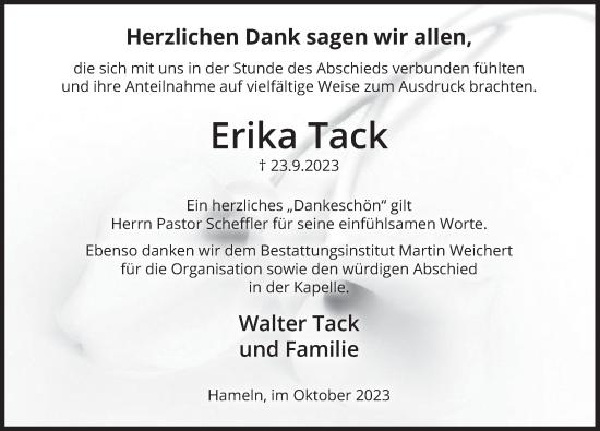 Traueranzeige von Erika Tack von Deister- und Weserzeitung